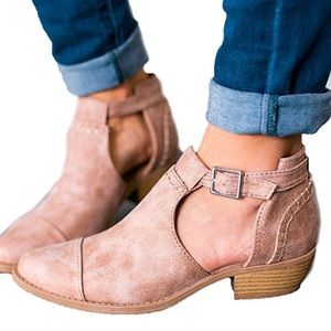Taupe open buckle booties